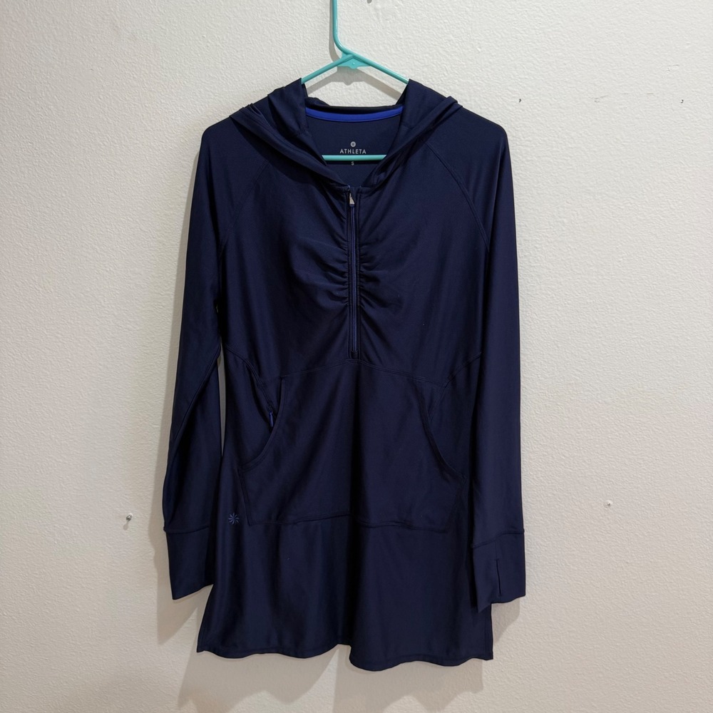 Athleta Womens Navy Blue Quarter Zip Hooded Tunic Ruched Active Top Size S